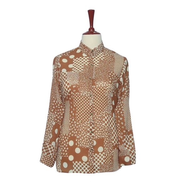 Womens Brown Silky Chiffon Shirt Polka Dot Floral Blouse Button Up Top Medium - Picture 1 of 7